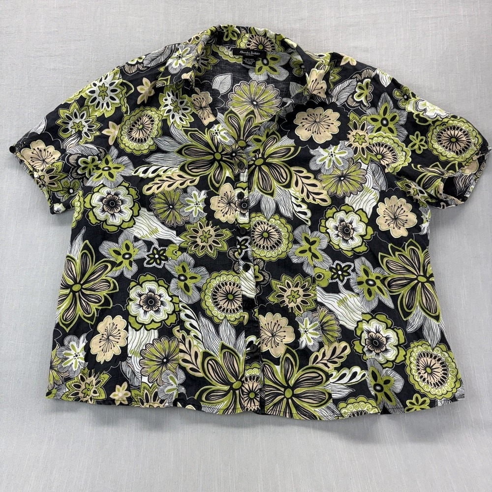Alexandra Bartlett Women 2X Linen Floral Button Front Shirt Black Green